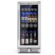 15-inch built-in beverage cooler with adjustable shelves, silver finish, holds 100 cans, ideal for home or bar use.