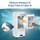 3-in-1 evaporative air cooler in white, featuring adjustable airflow, 5L water tank, and remote control for home or.