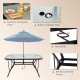 7-piece patio dining set featuring a tempered glass table, 6 stackable chairs, and a built-in 1.5" umbrella hole.