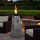 Gray propane fire bowl column with lava rocks, 30,000 BTU output, ideal for outdoor use in backyard or poolside.