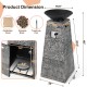 48-inch gray propane fire bowl column with stainless steel burner, lava rocks, and PVC cover for outdoor use.