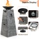 48-inch gray propane fire bowl column with metal basin, stainless steel burner, and adjustable footpads for outdoor use.