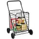 Portable folding shopping cart in black with a spacious basket, ideal for grocery runs and easy maneuverability.