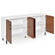 4-door kitchen buffet sideboard in white with wooden doors, featuring spacious storage compartments for kitchen.