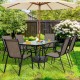 Set of 6 stackable patio dining chairs with curved armrests and breathable fabric, ideal for outdoor dining spaces.