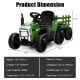 Dark green 12V ride-on tractor with detachable trailer, remote control, and safety features for kids aged 3+.