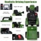 12V dark green ride-on tractor with detachable trailer, wide seat, safety belt, and bright LED lights for kids.