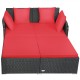 Spacious outdoor rattan daybed with red cushions, showcasing a top view of the plush seating arrangement for ultimate.