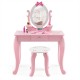Pink kid vanity table set with oval mirror, sturdy MDF, spacious tabletop, and practical drawer for young girls.