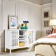 White wooden TV stand console cabinet with glass doors, featuring 2 cupboards and 3 display shelves for organized.