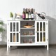 Elegant white wooden TV stand console cabinet with glass doors, ideal for displaying decor and organizing entertainment.