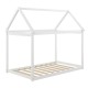 Stable kids platform floor bed in white with roof and heavy-duty slats, ideal for toddlers to teens.
