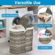 Handwoven gray laundry hamper basket with two removable liner bags, ideal for storing clothes and toys in various rooms.
