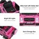 Bright LED lights and wide seat with safety belt in the pink 12V Mercedes-Benz kids ride-on car for safe fun.
