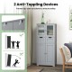 Gray 4-door free-standing bathroom cabinet with glass doors, 2 drawers, and anti-toppling devices for safety.