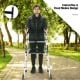 Height adjustable rollator walker with seat and armrest pad, aluminum frame, 5" wheels, ideal for mobility support.