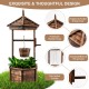 Rustic wooden wishing well planter with adjustable hanging bucket, carbonized fir wood, ideal for garden or patio use.