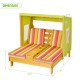 Kids patio lounge chair with awning, multicolor cushions, cup holders, perfect for outdoor play and relaxation.