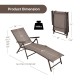 Foldable chaise lounge chair in brown with adjustable backrest and footrest, perfect for outdoor relaxation and travel.