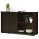 Kitchen storage cabinet with wood sliding doors, featuring spacious top and shelves for kitchen organization and.