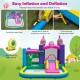 Unicorn-themed 6-in-1 inflatable bounce house with slide and basketball rim, includes 735W blower for easy setup.