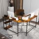 L-shaped computer desk in brown with carbon steel frame, featuring 2 outlets, 2 USB ports, and a shelf for storage.