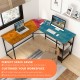 L-shaped computer desk in brown with charging station, 2 AC outlets, and 2 USB ports for efficient workspace.