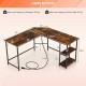 L-shaped computer desk in brown with dimensions, featuring 2 outlets, 2 USB ports, and a sturdy carbon steel frame.