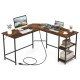 L-shaped computer desk in brown with 2 AC outlets, 2 USB ports, and a shelf for efficient workspace organization.