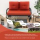 Brick red cushioned 2-person glider bench with ergonomic armrests, perfect for patio or backyard relaxation.