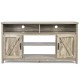 Natural 59-inch TV stand with barn doors and cable management holes, perfect for organizing media equipment in any room.