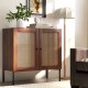 Walnut kitchen sideboard with 2 rattan doors, adjustable shelf, and metal legs, perfect for living room or dining room.