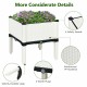 Elevated white planter box with rattan design, made of HDPE, featuring self-watering disk and drain plugs for outdoor.