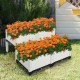 Elevated white planter boxes with vibrant orange marigolds, perfect for gardening on patios or balconies.