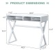 Product dimensions of a modern white computer desk, showcasing a sleek design with two storage compartments and stable.
