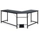 L-shaped corner computer desk in black with spacious countertop and adjustable footpads, ideal for office or gaming use.