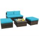5-piece patio rattan furniture set featuring a turquoise cushioned armless sofa, ottomans, and a coffee table for.