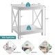 White 2-tier side table with X-shape design, featuring a wide tabletop and open shelf for versatile storage.