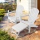 White HDPE Adirondack chair with retractable ottoman, perfect for outdoor relaxation on the patio or poolside.