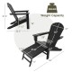 Black HDPE Adirondack chair with retractable ottoman, featuring ergonomic design and 330 lbs weight capacity for.