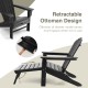 Patio HDPE Adirondack chair with retractable ottoman in black, designed for outdoor relaxation and easy maintenance.