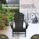 Black HDPE Adirondack chair with retractable ottoman, weatherproof design for outdoor relaxation in any season.