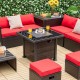 32-inch square propane fire pit table with lava rocks cover, featuring a rustproof steel frame and red cushions for.