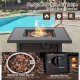 32-inch square propane fire pit table with stainless steel burner, lava rocks, and waterproof cover for outdoor use.
