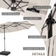 Double-sided 15 feet patio umbrella with 12-rib metal structure and 48 solar LED lights for outdoor use.