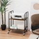 Folding rolling cart with metal frame and rustic wood finish, featuring two tiers for versatile storage and display.