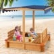 Kids wooden sandbox with protective corners and sun-proof canopy, designed for safe outdoor play with two comfortable.