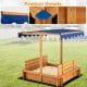 Kids wooden sandbox with canopy and two bench seats, made of cedar wood, designed for outdoor play and comfort.