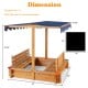Kids wooden sandbox with canopy and two bench seats, made of cedar wood, suitable for outdoor play and comfort.
