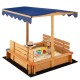 Kids wooden sandbox with canopy, featuring 2 convertible bench seats, perfect for outdoor play and comfort.